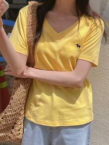DAZY Women's V-Neck Short Sleeve Casual T-Shirt With Small Embroidery Decor, Versatile & Loose Fit, Summer - Yellow - View 3