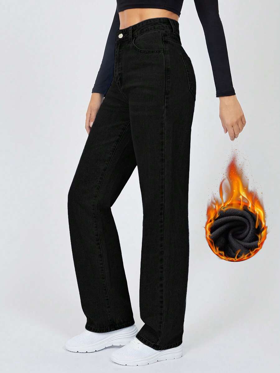 SHEIN Tall Women's High Waist Pockets Straight Loose Casual Versatile Jeans - Black - View 1