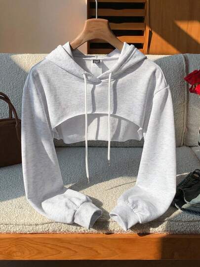 SHEIN EZwear 抽绳细节超短款连帽衫 - 黑白配色，秋冬季长袖上衣