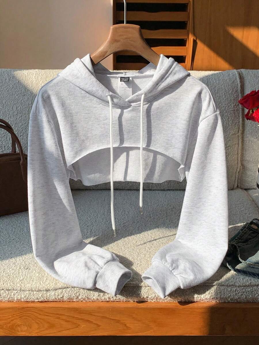 SHEIN EZwear Drawstring Detail Super Crop Hoodie-Black And White,Long Sleeve Tops In Fall/Winter - Light Grey - View 1