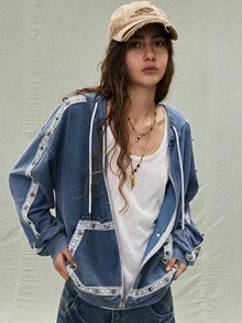 SoleilVie 女士连帽水洗做旧牛仔布效果花卉蕾丝铆钉复古夹克 - 藍色 - 查看 3