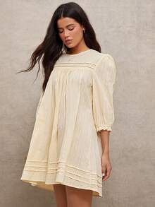 WESTFADE 100% Embroidered Striped Cotton Round Neck Puff Sleeve Pleated Loose Fit Babydoll Mini Dress - Yellow - View 5