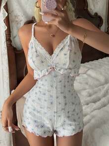 SHEIN U-Neck Backless Criss-Cross Strap Decor Pink Bow Romantic Fitted Women Pajama Jumpsuit - White - View 1