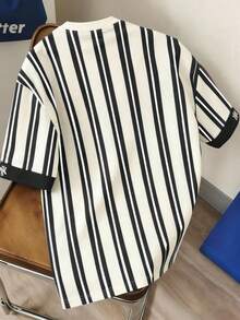 Manfinity Joysei Men's Vertical Striped Round Neck Letter Print Casual Versatile Commuting Short Sleeve T-Shirt - Black - View 2