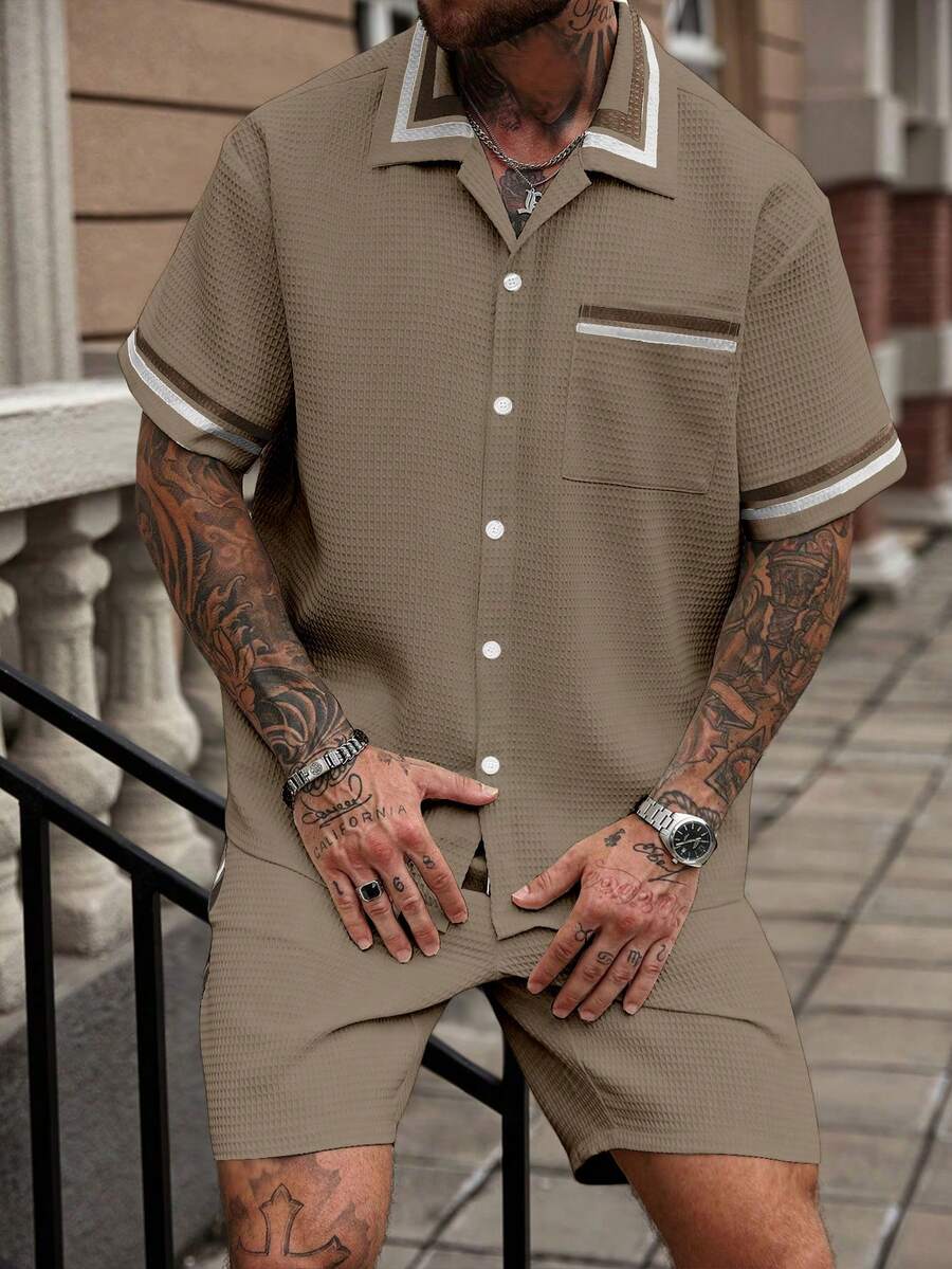 Manfinity Homme Men's Summer Casual Striped Patchwork Textured Short Sleeve Shirt And Shorts Set - Khaki - View 1