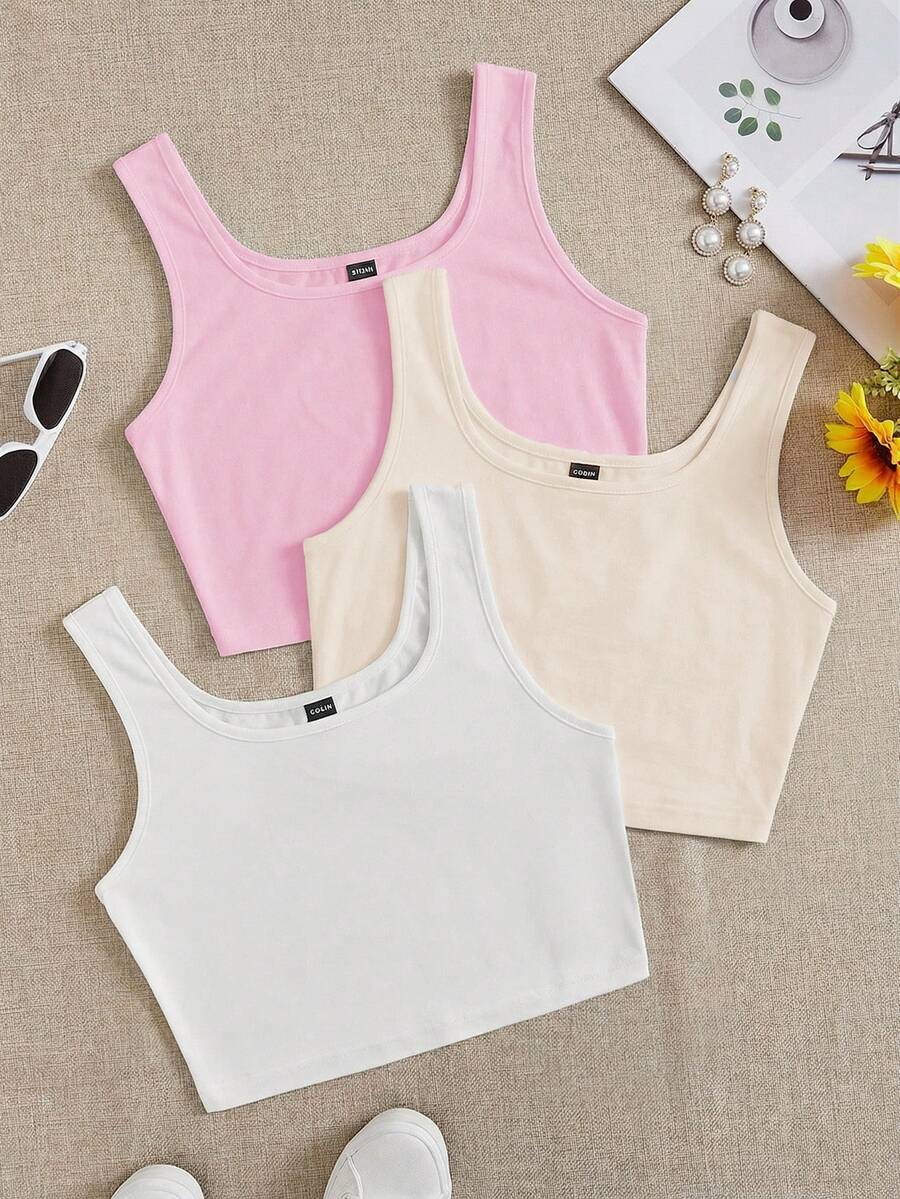 SHEIN EZwear 3件装女士超短紧身休闲吊带背心,粉色、杏色、白色 - 彩色 - 查看 1