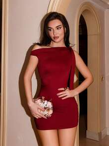 Bris Aura Vestido ajustado sexy con volantes en el hombro oblicuo, que ciñe la cintura, estilo francés chic, minifalda ajustado - Rojo - Ver 6