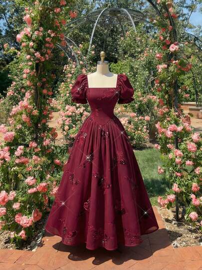 SHEIN MOD 女士花卉刺绣褶皱腰身优雅中长连衣裙，泡泡袖设计，适合派对和活动穿着