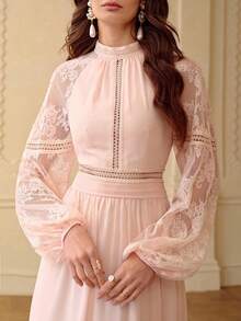 ZEYLAH Elegant Romantic Lace Patchwork Flare Sleeve Fitted A-Line Dress, Spring/Summer - Coral Pink - View 2