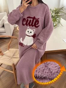 DAZY 宽松针织猫咪印花睡裙，女士秋冬睡衣 - 淺灰紫 - 查看 1