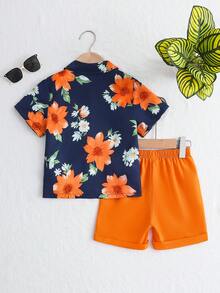 2pcs/Set Young Boy Palm Tree Print Short Sleeve Polo Shirt And Solid Shorts Set,Summer,Beach,Holiday,Casual Sports Italian Vacation Resort Outfits - Orange - View 2