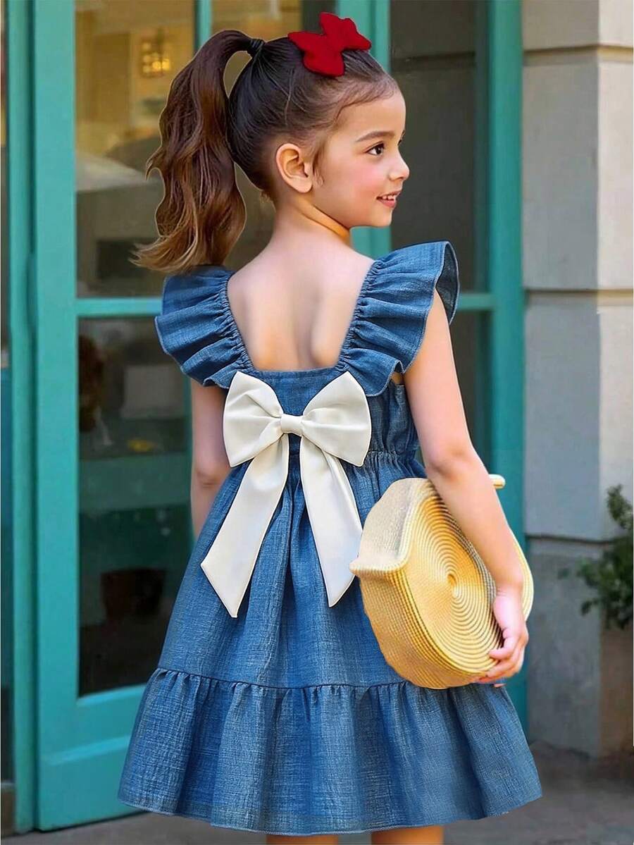 SHEIN Elladie kids 少女甜美可爱沙滩度假夏季短袖蝴蝶结装饰连衣裙,适合日常穿着和度假 - 藍色 - 查看 1
