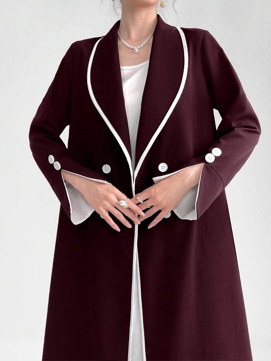 Al Najma Women's Buttoned Abaya With Collar, Long Sleeve Design - Burgundy - View 1