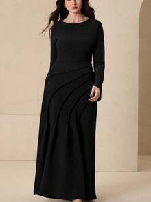 Modelyn Elegant Olive Green Long Sleeve Dress, Textured Fabric, Cutout Design, Fitted Silhouette, Flattering, Suitable For Parties And Outings, Fashionable - Black - View 7