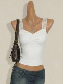 Teen Girl Spring/Summer New Y2K Fashion Pure White Ruffled Lace Strap Tight Knit Camisole, Basic Crop Top - White - View 1