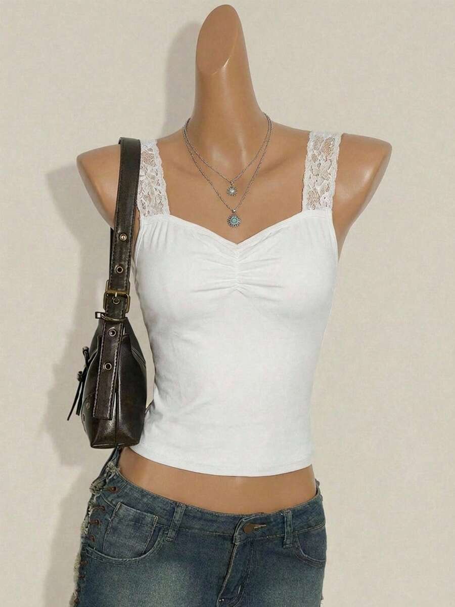 Teen Girl Spring/Summer New Y2K Fashion Pure White Ruffled Lace Strap Tight Knit Camisole, Basic Crop Top - White - View 1