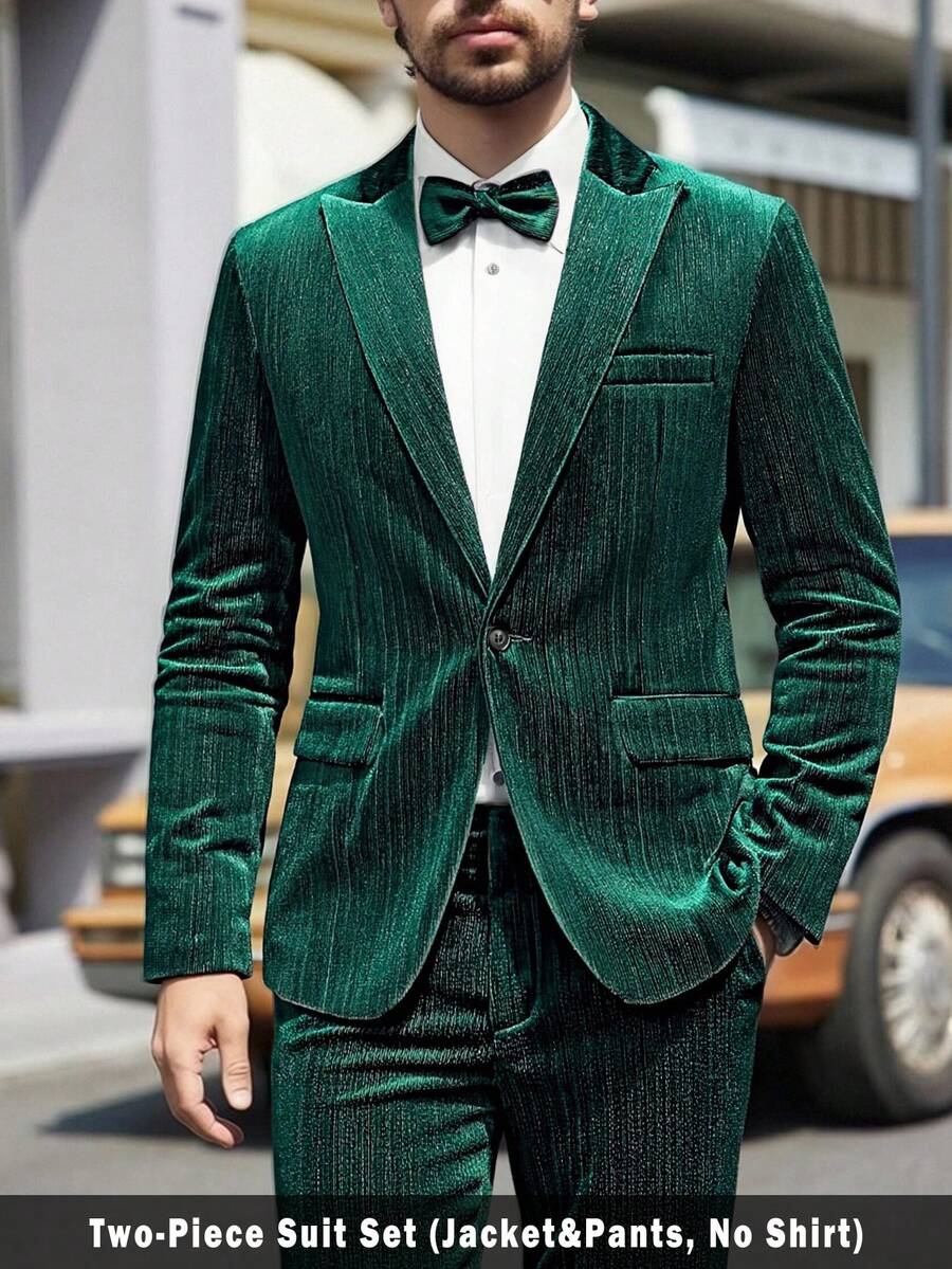 Manfinity Bizformal Bộ vest nam màu trơn, tay dài, cài một hàng khuy và quần tây ống rộng có túi xéo. - màu xanh lá - Xem 1