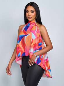 SOLERSUN Women's Vibrant Abstract Print Backless Sleeveless High-Low Hem Casual Loose Flowy Top - Red - View 4