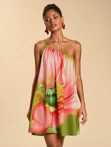 Travachic Women's Floral Print Loose Fit Sleeveless Mini Dress, Vacation Style - Green - View 5