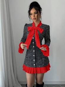 Elenzga Autumn/Winter Bow Tie Collar Contrast Color Pleated Short Dress - Red - View 5