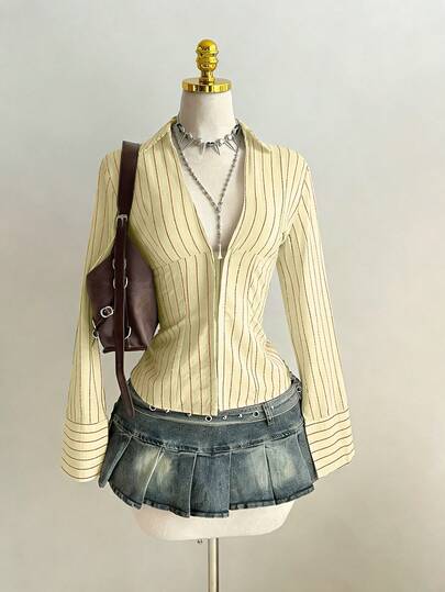 Elamini 1pc Black V-Neck Striped Collar Slim Fit Button-Up Long Sleeve Sexy Blouse For Commute & Daily Wear