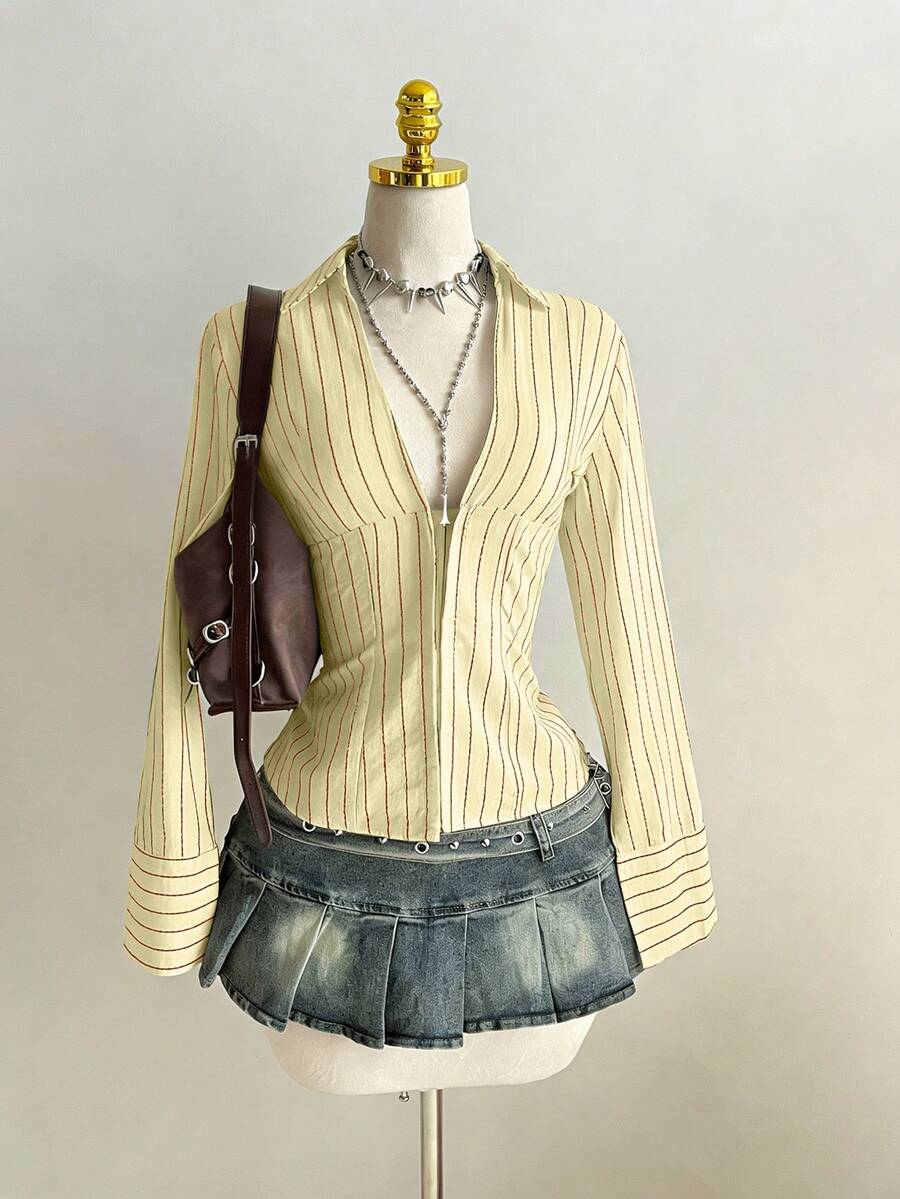 Elamini 黑色V领条纹修身长袖性感衬衫，适合通勤和日常穿着。 - 杏色 - 查看 1