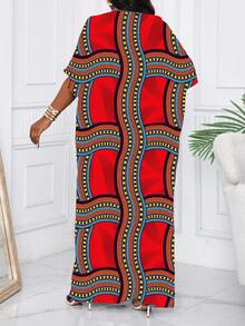 SHEIN Lady Spring And Summer Casual Elegant Boho Red Woven Notched Straight Batwing Sleeve Kaftan Dress Midi Short Sleeve Plus Size Dresses - Red - View 2