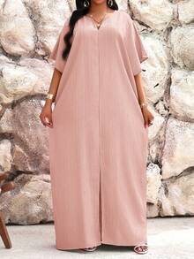 SHEIN Lady Jesienno-zimowa praca w kolorze zielonym, z wycięciem, z rękawami typu nietoperz, sukienka kaftan, sukienki w dużych rozmiarach, stroje wakacyjne, stroje plażowe dla kobiet, sukienka na wakacje na plaży, sukienka na wesele, sukienka dla gościa, sukienka biznesowa, swobodna, sukienka na studniówkę - Różowy - Zobacz 5