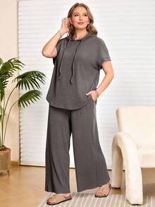 EMERY ROSE 2pcs Plus Size Women's Casual Hooded Short Sleeve Grey Top & Baggy Wide Leg Pants Set With Pockets,Summer Curve Loungewear,Comfortable 2 Pieces Outfit - Dark Grey - View 1
