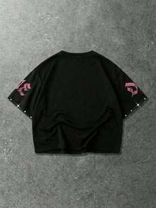 ROMWE MEN Street Life 男士水钻印花宽松短款T恤 - 黑色 - 查看 3