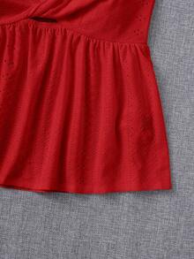 SHEIN EZwear 波希米亞風可愛紅色夏季度假鏤空刺繡扭轉前襟鏤空荷葉邊抹胸上衣，女款無肩帶心形領洋裝上衣 - 紅色 - 查看 5