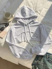 SHEIN EZwear Drawstring Detail Super Crop Hoodie-Black And White,Long Sleeve Tops In Fall/Winter - Light Grey - View 5