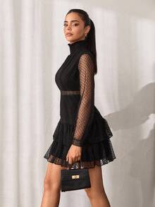 SHEIN Cottnline Swiss Dot Contrast Lace Ruffle Hem Dress - Black - View 6
