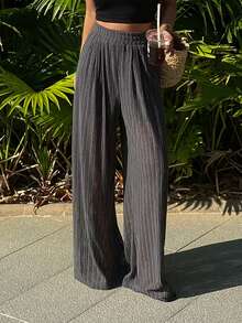 Livesso Women's Textured Hollow Striped Loose Casual Lightweight Outdoor Vacation Beach Straight Leg Pants, Spring/Summer - Dark Grey - View 7