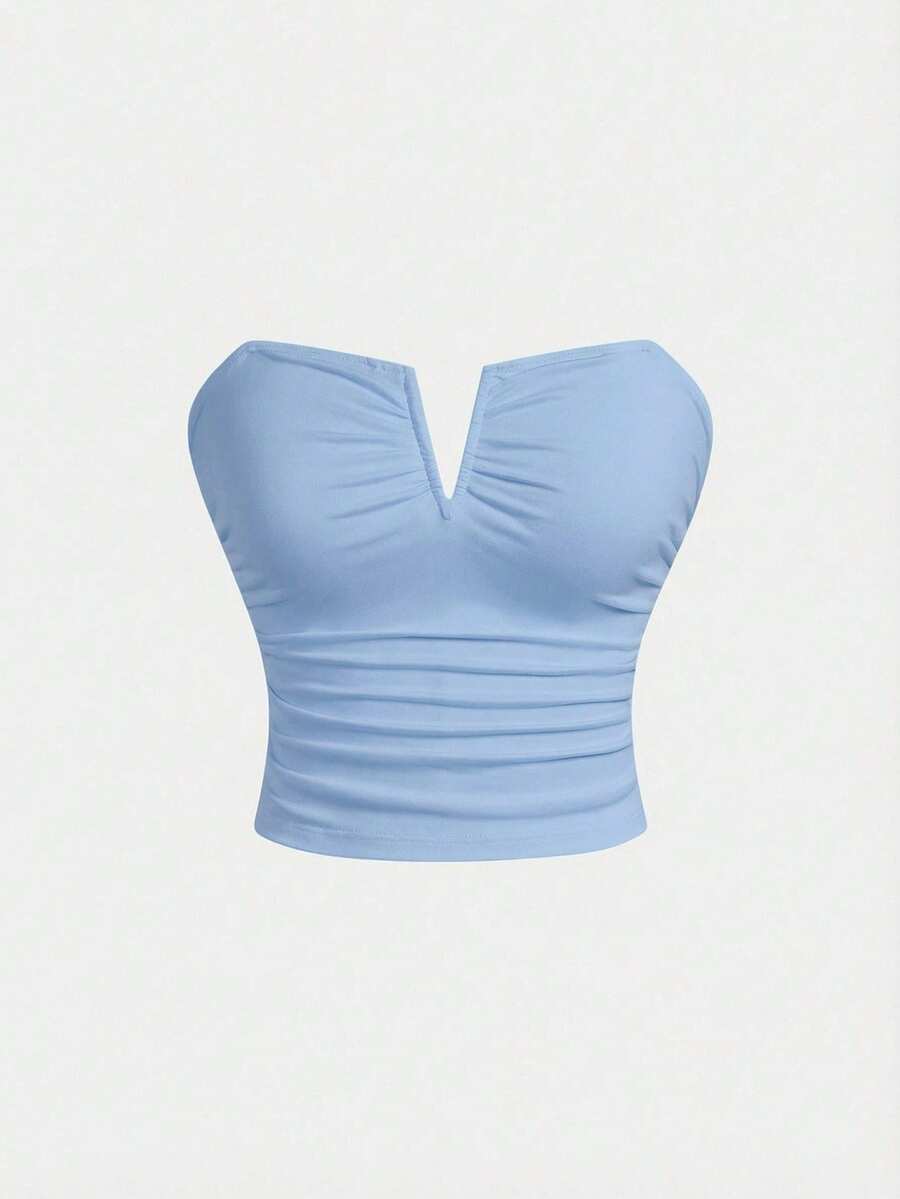 SHEIN MOD Damen Blau Geraffter Figurbetonter Sexy Bandeau-Top - Blau - Übersicht 1