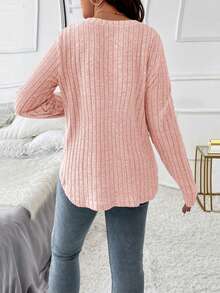 EMERY ROSE 大码女式纯色罗纹针织 V 领宽松长袖休闲 T 恤 - 粉色 - 查看 3