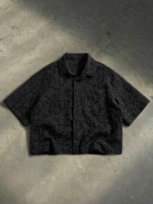 SWAVVY Men's Fashionable Jacquard Short Sleeve Shirt, Spring/Summer - Black - View 5