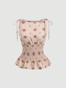 Sweetra Khaki Plaid Embroidered Sleeveless Bow Tie Strap Bohemian Style Summer Women Shirt - Coffee Brown - View 1