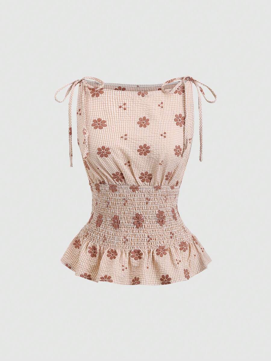 Sweetra Khaki Plaid Embroidered Sleeveless Bow Tie Strap Bohemian Style Summer Women Shirt - Coffee Brown - View 1