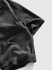 ROMWE MEN 水钻装饰休闲宽松牛仔短袖上衣 - 黑色 - 查看 4