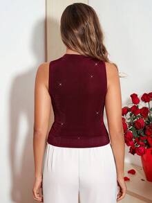 Amorya 女士纯色修身蕾丝高领吊带背心，春夏款，适合情人节派对穿着 - 酒紅色 - 查看 2