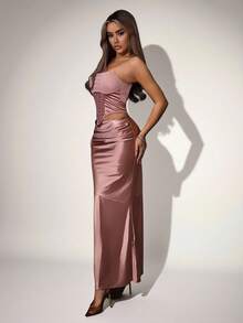 SHEIN ICON 女士纯色优雅长款鱼尾裙，夏季 - 乾枯玫瑰色 - 查看 5