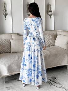 少女休闲简约舒适长袖收腰中长连衣裙，休闲简约蓝白碎花印花连衣裙，度假装扮，波西米亚风，夏威夷风，乡村风 - 藍白色 - 查看 7