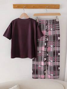 2件套 少女可爱兔子字母印花圆领宽松T恤和格子阔腿裤睡衣 - 彩色 - 查看 2