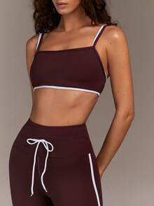 Fluxe Set de 2 piezas: Top corto deportivo y leggings de cintura alta con cordón para mujer - Café integral - Ver 4