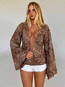 Aloruh Women's Fashionable Sexy Deep V Sequin Flare Sleeve Blouse - Brown - View 4