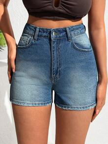 EURMUSE Women's High-Rise Casual Washed Raw Hem Denim Shorts With Pockets - Blue - View 3