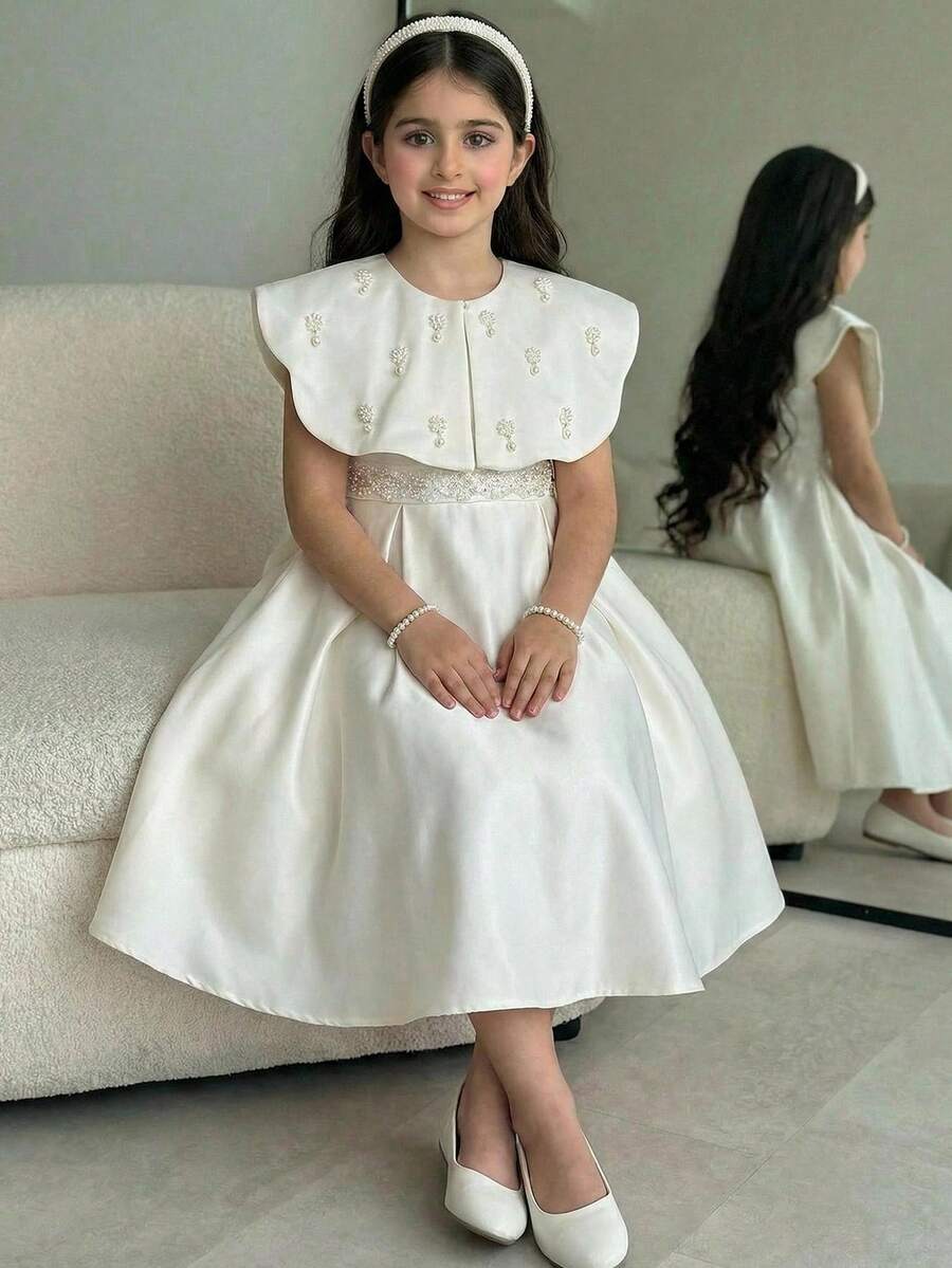 SHEIN 少女优雅可拆卸披肩领连衣裙套装