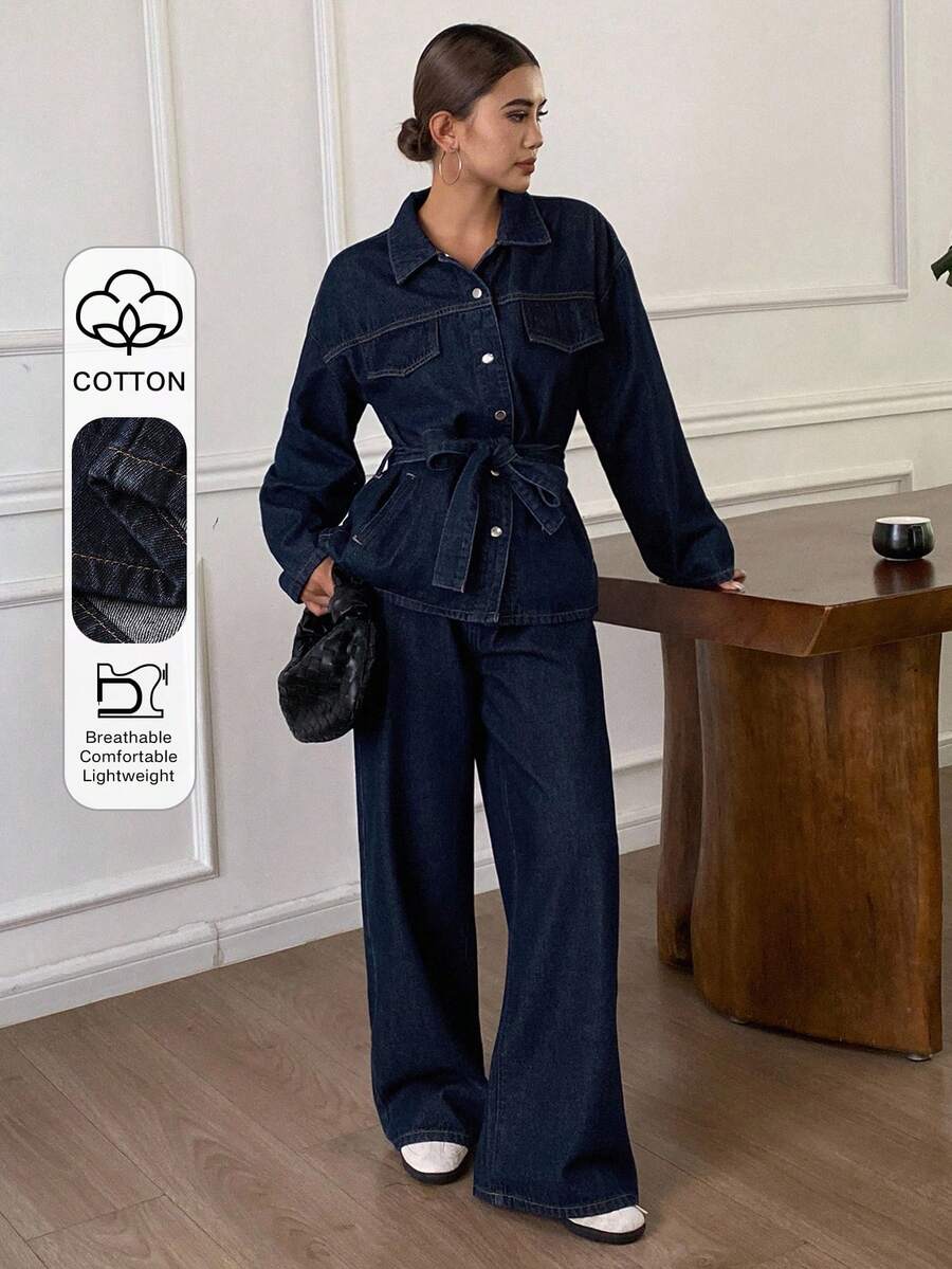 Dazy Tall Women Tall Size Lapel Cardigan With Belt Decor And Straight Leg Casual Denim Pants Set - Dark Wash - View 1