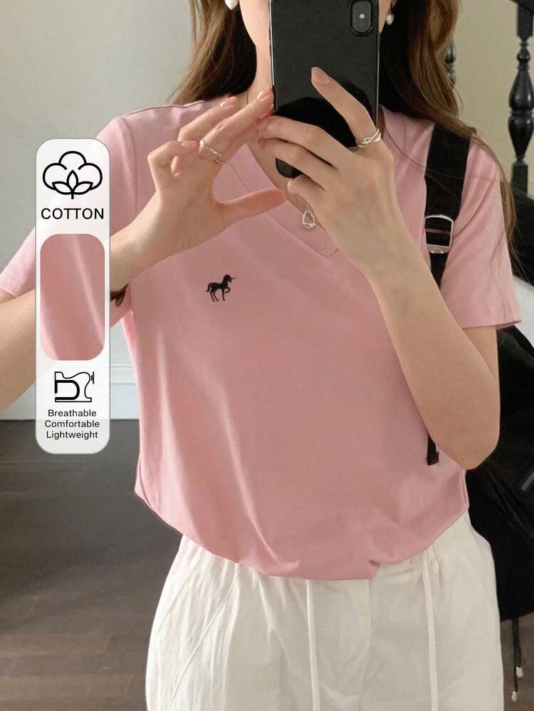 Women V-Neck Embroidered Short Sleeve Casual T-Shirt